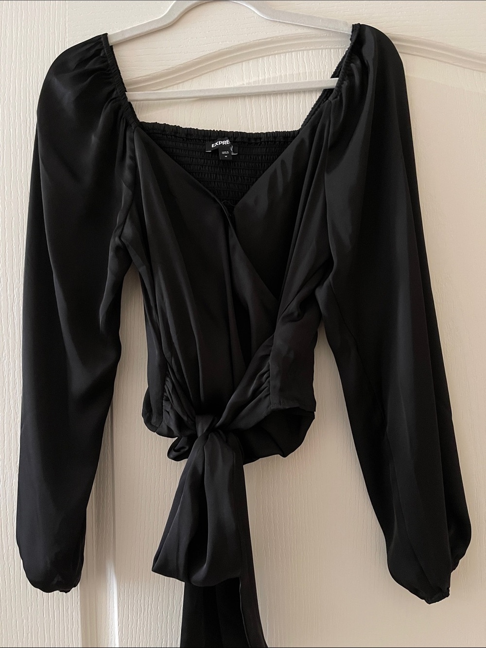Express Black Long Sleeve Wrap Tie-Front satin blouse , Sz M